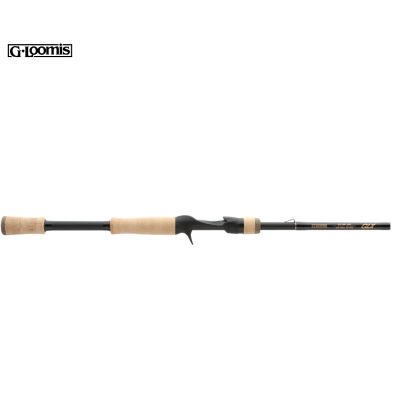 Vara de pesca preta com punho em cortiça claro e texto 'G LOOMIS'