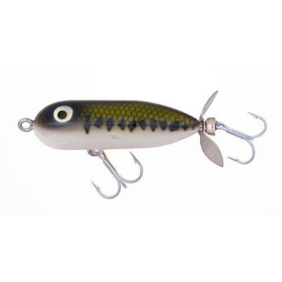 Isca de pesca artificial verde e cinza com padrão de escamas e anzóis duplos