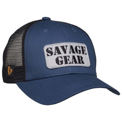 Boné azul com malha preta e etiqueta 'SAVAGE GEAR'