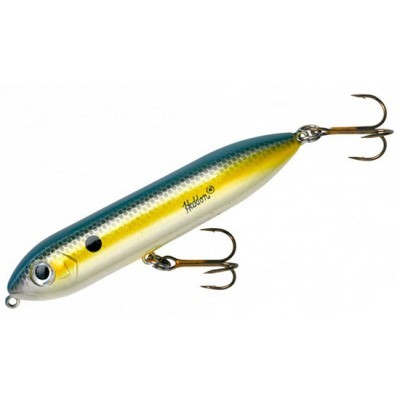 Isca de pesca tipo plug colorida azul, amarelo e prateado com anzóis duplos