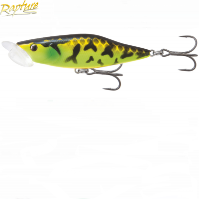 Isca de pesca artificial verde, amarelo e preto com dois anzóis metálicos