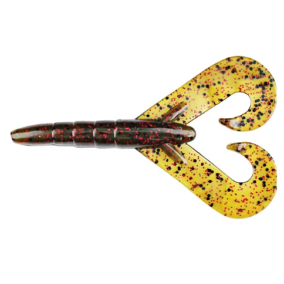 Isaca de pesca artificial em forma de lagosta com cores castanho escuro, amarelo com pintas pretas e vermelhas.
