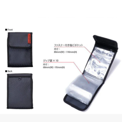 Bolsa preta resistente com compartimentos e texto em japonês