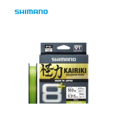 Linha de pesca Shimano Kairiki 8+ verde manjericão na embalagem preta com detalhes dourados