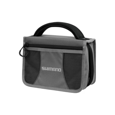 Bolsa de transporte cinzenta escuro e preto com fecho e alça superior, logo SHIMANO