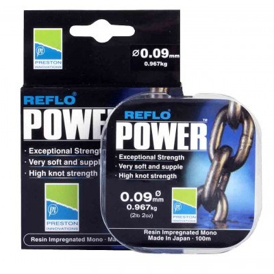 Fio de pesca Reflo Power 0,09 mm, embalagem preta e azul com texto em inglês