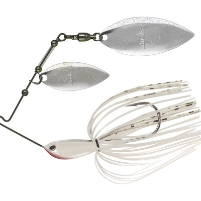 Isca de pesca spinnerbait branca com lâminas metálicas prateadas