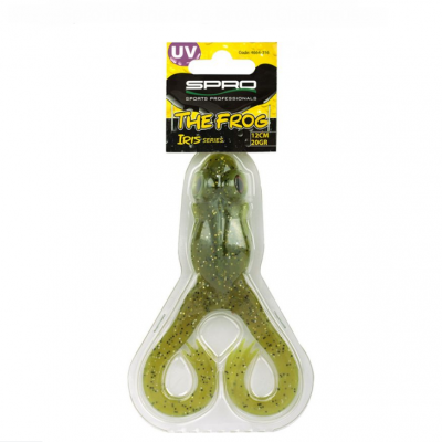 Isco artificial verde com brilhos em forma de rã dentro de embalagem plástica.