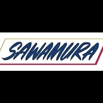 Logotipo da marca SAWAMURA em letras azuis dentro de retângulo