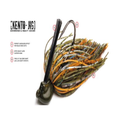 Isca de pesca com cabeça verde, gancho metálico e saia em silicone colorida.