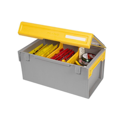 Caixa de ferramentas cinzenta com tampa amarela aberta e organizadores internos