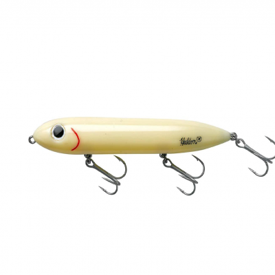 Isca de pesca creme com ganchos e texto Heddon