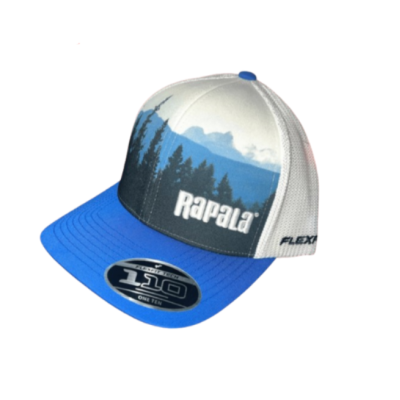 Boné Rapala azul e branco com imagem de floresta e montanhas