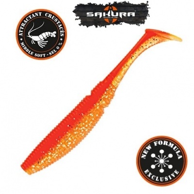 Isca artificial flexível laranja e dourada para pesca com texto e logos