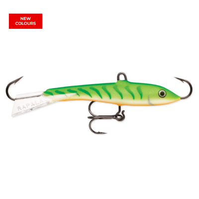 Isca de pesca Rapala verde e amarela com três anzóis e etiqueta 'NEW COLOURS'