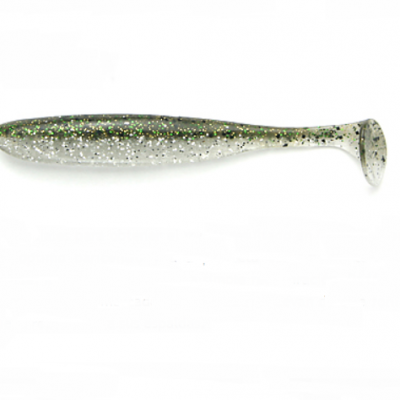 Isca artificial de pesca cinzenta com pintas verdes e preta, cauda palheta