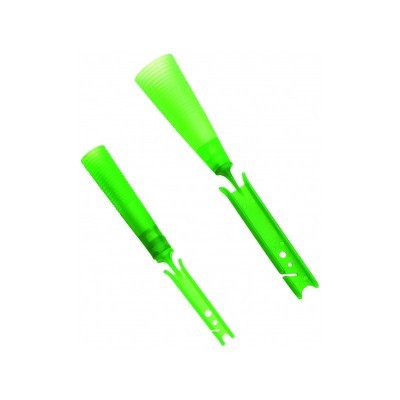 Conjunto de dois objetos plásticos verdes cónicos com base e orifícios