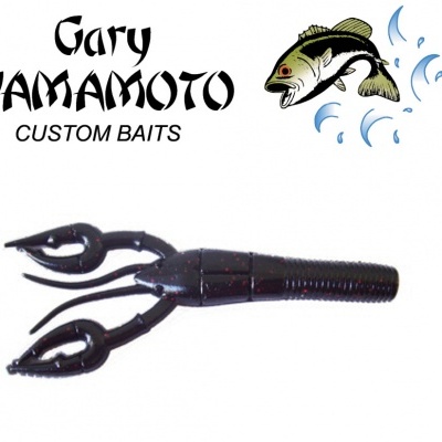 Isca de pesca preta com duas pinças, texto Gary YAMAMOTO CUSTOM BAITS e ilustração de peixe