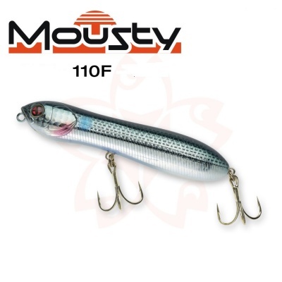 Isca de pesca artificial prateada e azul com anzóis e texto Mousty 110F