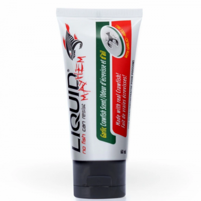 Bisnaga branca e preta com rótulo colorido e texto em inglês e francês