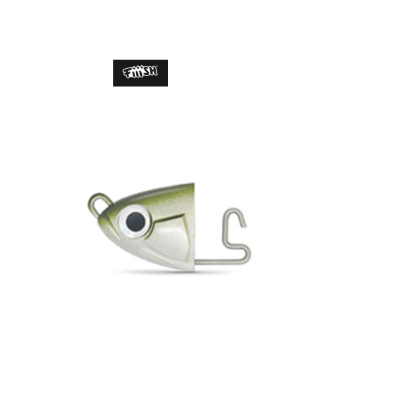 Cabeça de isco de pesca prateada e verde com gancho metálico