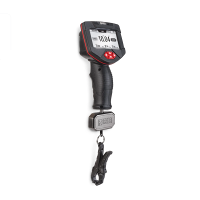 Balança digital portátil preta e vermelha com visor e gancho
