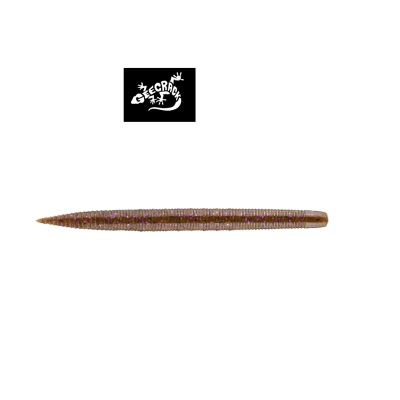 Isca artificial para pesca castanha com glitter violeta e logótipo GEECRACK em fundo preto