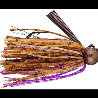 Isca de pesca tipo jig castanha e roxa com anzol e proteção preta