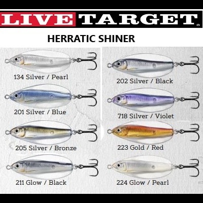 Oito iscas de pesca LIVE TARGET HERRATIC SHINER em várias cores e padrões com anzóis triplos