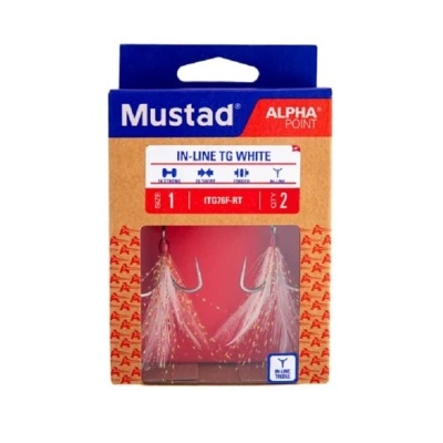 Pack de anzóis Mustad Alpha Point IN-LINE TG WHITE com penas brancas