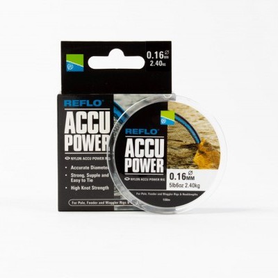 Carretel de linha de pesca REFLO ACCU POWER em embalagem preta com textos técnicos