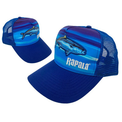 Dois bonés azuis com estampa de peixe e texto RAPALA