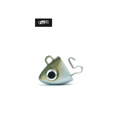 Cabeça de pesca prateada metálica com olho decorativo e gancho em fundo branco.