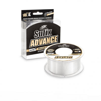 Linha de pesca Sufix Advance em carretel transparente com embalagem preta e dourada