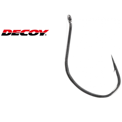 Anzol de pesca metálico brilhante com logotipo DECOY ao lado
