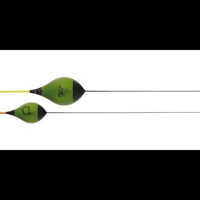 Dois boias de pesca verdes com hastes coloridas, uma amarela e uma laranja.