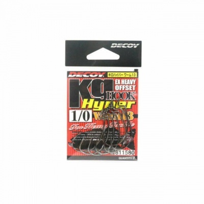 Conjunto de anzóis de pesca Decoy K9 Hyper Hook 1/0 em embalagem com fundo vermelho e etiquetas.