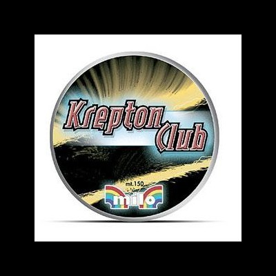 Lata redonda com rótulo colorido 'Krepton Club' e detalhes 'mt.150' e 'milo'