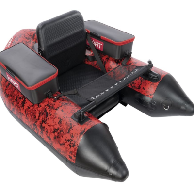 Bote insuflável vermelho e preto com assento acolchoado e compartimentos laterais HART