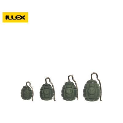 Quatro pesos granada verdes numerados 4, 7, 10 e 14 com gancho metálico em fundo branco e logótipo ILLEX