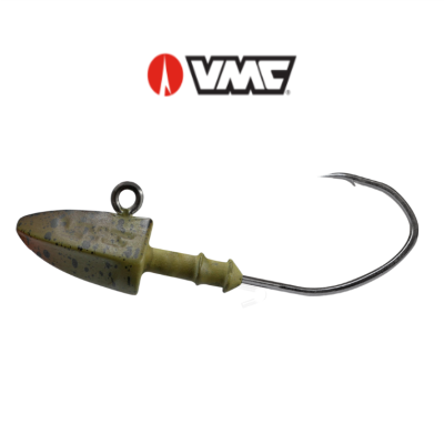 Anzol de pesca com cabeça de chumbo verde e preta e logo VMC
