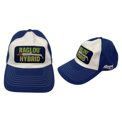 Bonés azul e branco com patch RAGLOU HYBRID e logótipo na lateral