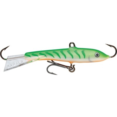 Sco de pesca verde, branco e laranja com anzóis e cauda transparente marcada RAPALA