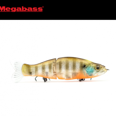Isco de pesca articulado Megabass com corpo castanho e verde
