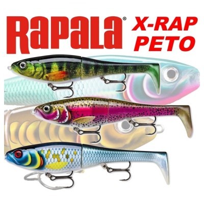 Três iscos artificiais de pesca Rapala X-Rap Peto coloridos e detalhados.