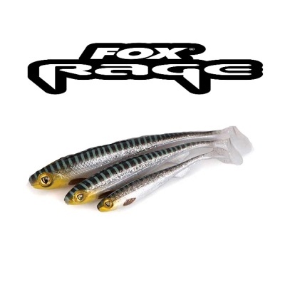 Três iscos artificiais tipo peixe com logótipo FOX Rage