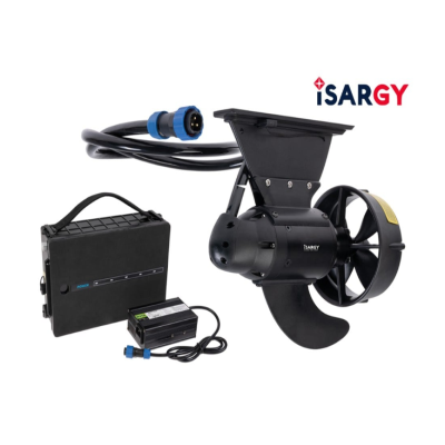Kit marinho preto com hélice, motor, cabos e unidades eletrónicas com conectores azuis e marca ISARGY