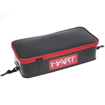 Estojo retangular preto com fecho vermelho e logo HART