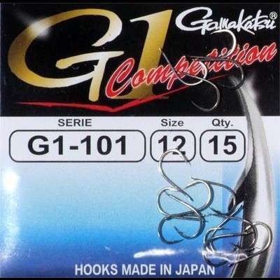 Anzóis para pesca tamanho 12, embalagem com série G1-101 e texto 'Hooks Made in Japan'