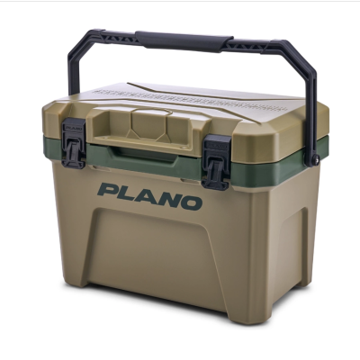 Caixa de armazenamento castanha e verde com alça preta e texto PLANO